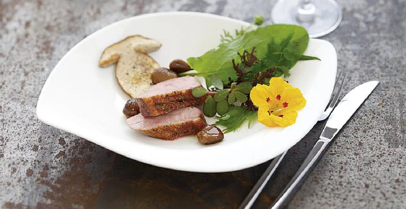 Kräutersalat mit Wildentenbrust, Steinpilzen und glacierten Esskastanien Kräutersalat mit Wildentenbrust, Steinpilzen und glacierten Esskastanien