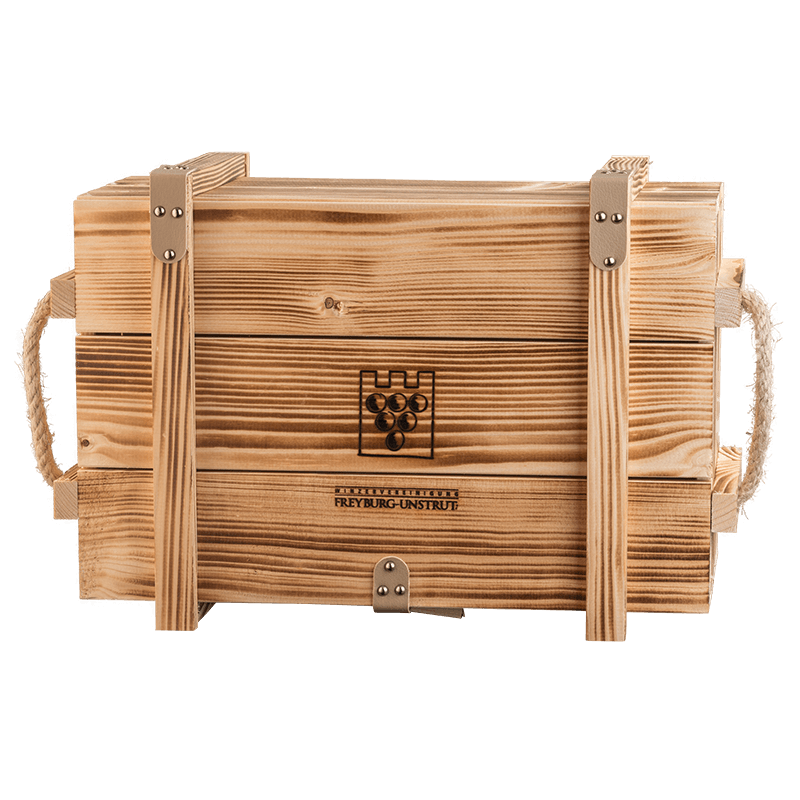6er Holzkiste für 0,75l    Holzkiste mit Winzervereinigungslogo für sechs Flaschen Wein