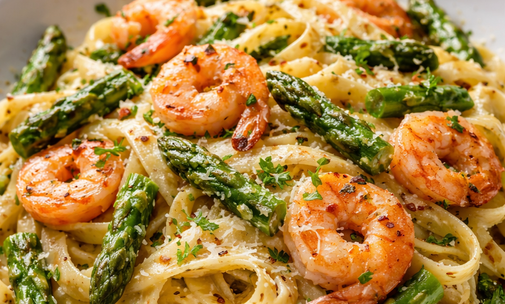 Bandnudeln mit grünem Spargel und Garnelen in Weißweinsauce