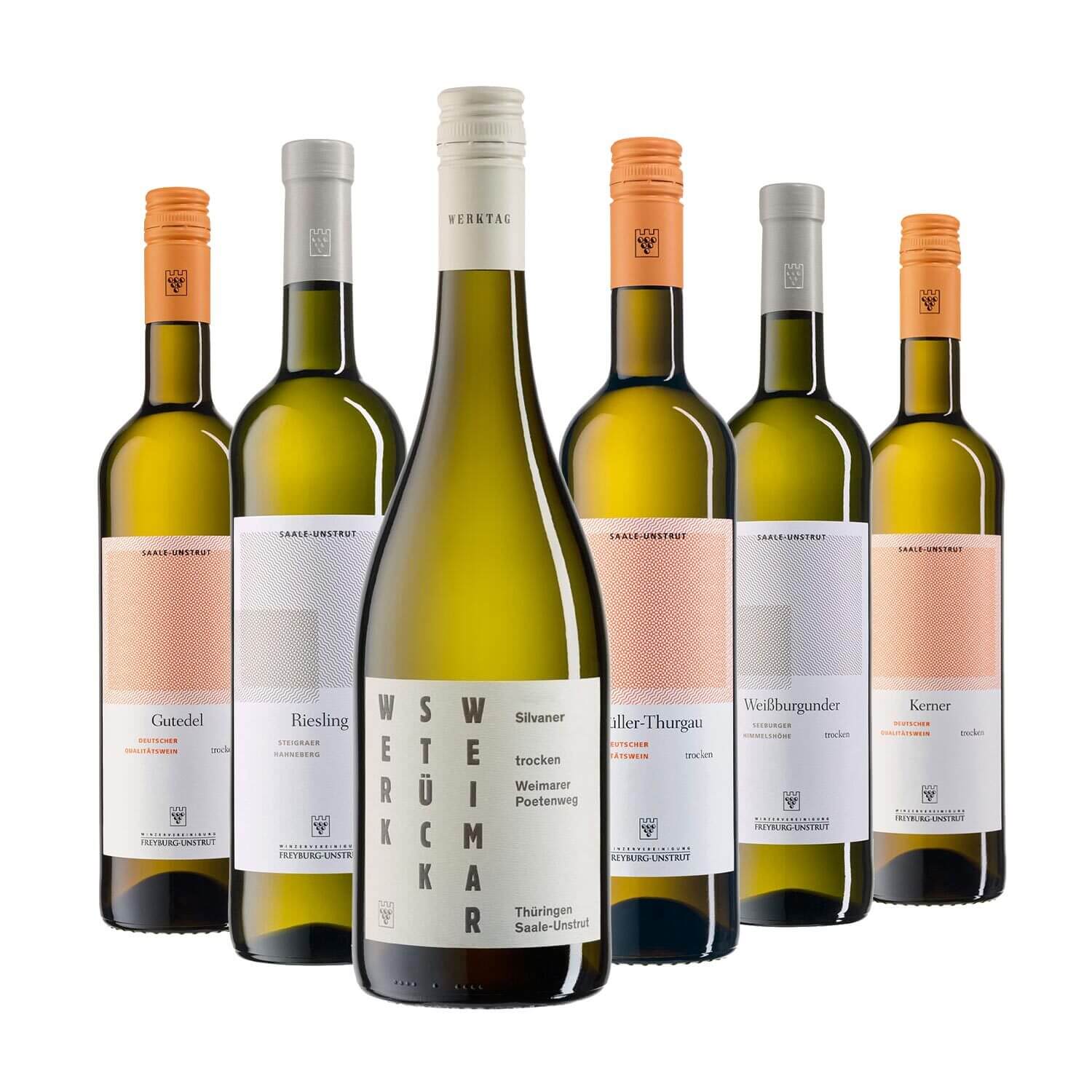Weißweinpaket 0,75l Im Weiweinpaket sind sechs der beliebtesten Weißweine der Winzervereinigung Freyburg-Unstrut zum Genießen und Entdecken zusammengestellt.