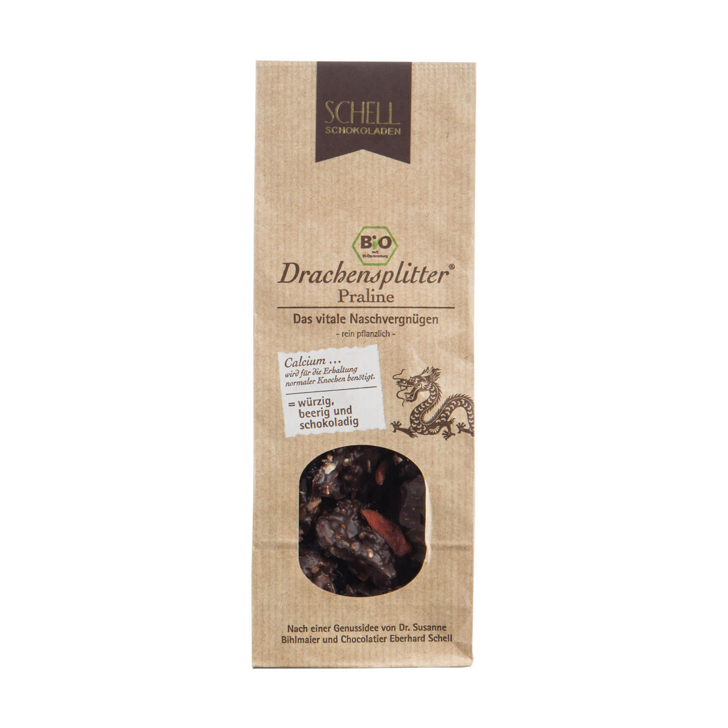Schell Bio-Drachensplitter 100g Eine Packung Schell Schokolade namens Drachensplitter mit Bio Siegel